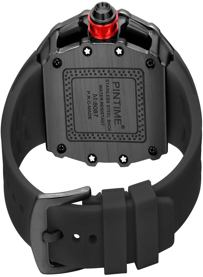FANMIS Mens Luxury Tonneau Square Watches Analog Punk Chronograph Unique Sports Wrist Watch Japanese Movement Luminous Design with Rubber Band (Black Black) - Image 5